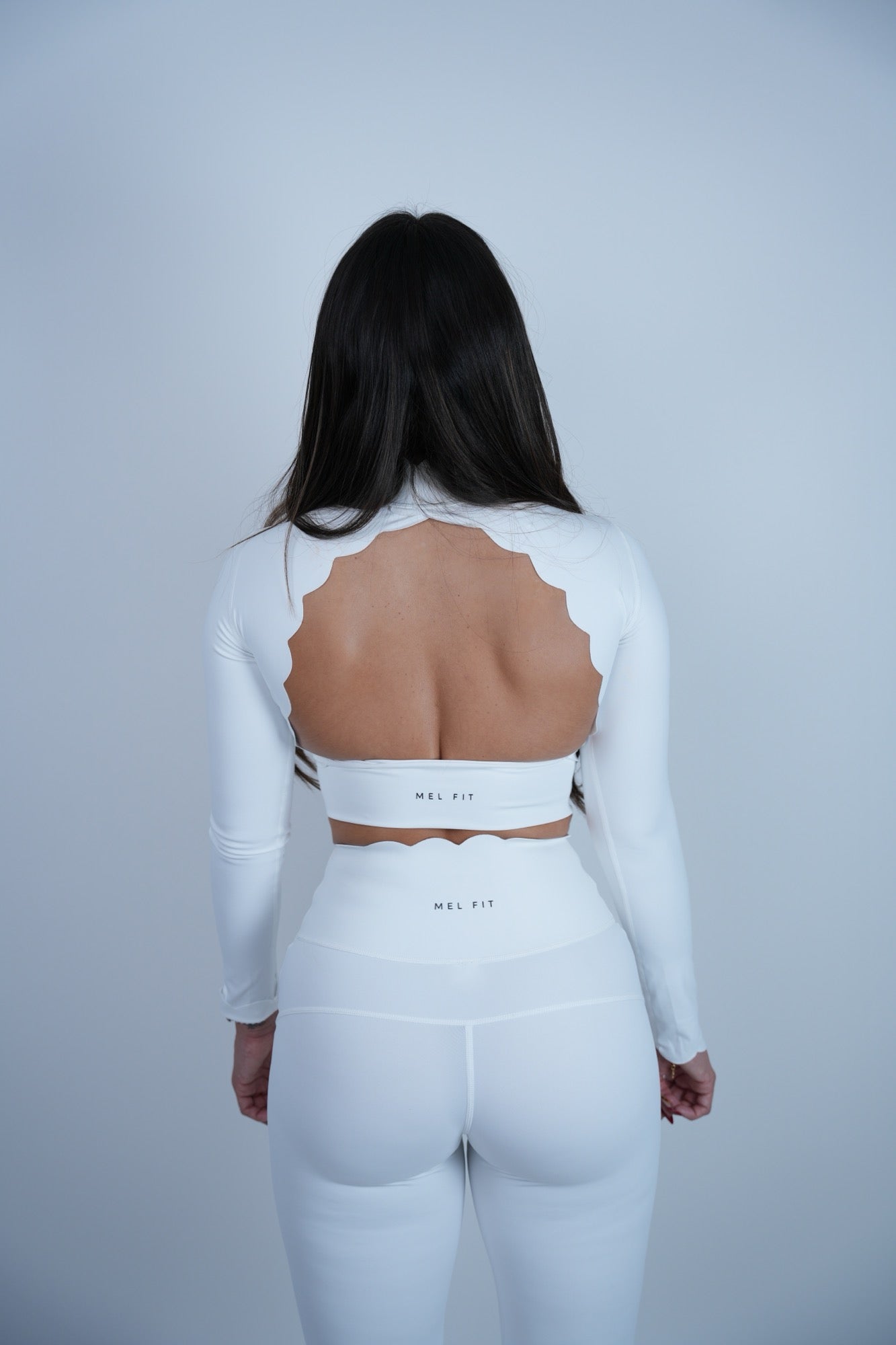 Elegant Scallop Series Open Back Long Sleeve Crop Top Set