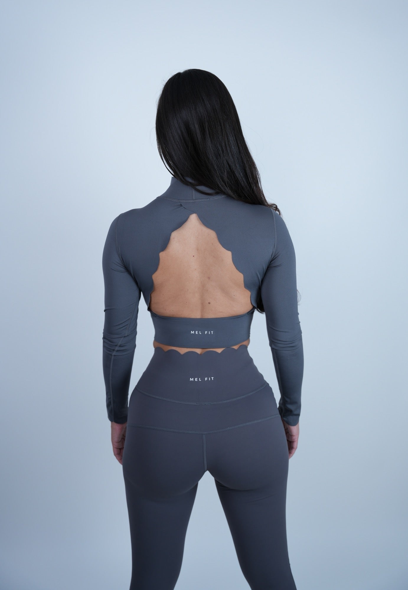 Elegant Scallop Series Open Back Long Sleeve Crop Top Set